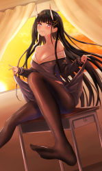 Rule 34 | 1girl, azur lane, bare shoulders, black hair, black pantyhose, black skirt, blunt bangs, blush, breasts, cleavage, closed mouth, collarbone, commentary, constricted pupils, curtains, desk, feet, fox shadow puppet, frilled skirt, frills, full body, hair ornament, hair tie in mouth, highres, horns, indoors, lifted by self, long hair, long sleeves, looking at viewer, medium breasts, mouth hold, no shoes, noshiro (azur lane), off-shoulder shirt, off shoulder, official alternate costume, oni, oni horns, pantyhose, purple eyes, school desk, shihaku rare, shirt, sitting, skirt, smile, soles, solo, uniform, window, x hair ornament