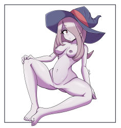 Rule 34 | 1girl, absurdres, aitrellos, feet, female focus, full body, hair over one eye, hat, highres, inverted nipples, little witch academia, nipples, nude, pink hair, pussy, red eyes, simple background, sitting, solo, sucy manbavaran, white background, witch hat