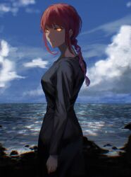 Rule 34 | 1girl, black dress, blue sky, braid, braided ponytail, chainsaw man, chromatic aberration, cliff, cloud, cloudy sky, dress, highres, kota 2kx, looking at viewer, looking back, makima (chainsaw man), medium hair, red hair, ringed eyes, shore, sidelocks, sky, solo, yellow eyes