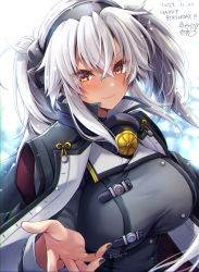 Rule 34 | 1girl, absurdres, black nails, blue background, breasts, brown eyes, buttons, cape, dark-skinned female, dark skin, dated, double-breasted, glasses, gradient background, grey-framed eyewear, hair between eyes, happy birthday, headgear, highres, jacket, kantai collection, large breasts, light brown hair, long sleeves, looking at viewer, mashiro yukiya, musashi (kancolle), musashi kai ni (kancolle), nail polish, pointy hair, rectangular eyewear, semi-rimless eyewear, short hair with long locks, signature, smile, twintails, two side up, upper body