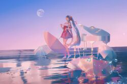 Rule 34 | 1girl, absurdres, aqua hair, blue sky, chinese commentary, closed eyes, commentary, dress, full body, gradient sky, grand piano, hair ornament, hatsune miku, highres, holding, holding umbrella, instrument, long hair, moon, piano, purple sky, red dress, sky, solo, standing, twintails, umbrella, very long hair, vocaloid, water, white footwear, xixun
