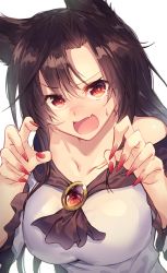Rule 34 | &gt;:o, 1girl, :o, absurdres, animal ears, black hair, blush, breasts, brooch, claw pose, collarbone, fingernails, highres, imaizumi kagerou, jewelry, large breasts, long fingernails, long hair, long sleeves, looking at viewer, nail polish, open mouth, red eyes, red nails, sharp fingernails, slit pupils, solo, sweat, touhou, u u zan, upper body, v-shaped eyebrows, very long fingernails, white background, wide sleeves, wolf ears