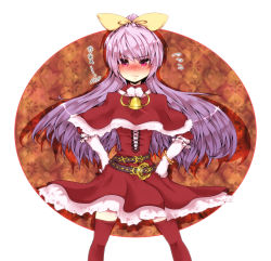 Rule 34 | 1girl, bell, belt, blush, bow, bracelet, capelet, chagu, embarrassed, female focus, hair bow, hands on own hips, highres, jewelry, jingle bell, long hair, purple hair, red eyes, red thighhighs, santa costume, solo, thighhighs, touhou, watatsuki no yorihime, zettai ryouiki