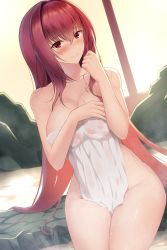 Rule 34 | 1girl, blush, breasts, covering privates, cowboy shot, fate/grand order, fate (series), feng mouren, hair between eyes, hand up, highres, holding, large breasts, long hair, looking at viewer, naked towel, nude cover, onsen, partially submerged, purple hair, red eyes, scathach (fate), sidelocks, sitting, smile, solo, towel, very long hair, wet