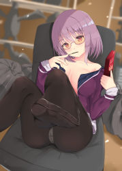 Rule 34 | 10s, 1girl, absurdres, amakawa ruka, ass, bare shoulders, black panties, black pantyhose, blurry, blurry background, blush, box, breasts, breasts apart, chair, collarbone, commentary request, eating, feet, food, foreshortening, glasses, gridman universe, hands up, head tilt, highres, holding, holding box, jacket, large breasts, legs up, long sleeves, looking at viewer, no shoes, off shoulder, panties, panties over pantyhose, pantyhose, pink-framed eyewear, pocky, pocky day, purple eyes, purple hair, purple jacket, reclining, semi-rimless eyewear, shinjou akane, short hair, solo, ssss.gridman, toes, trash bag, under-rim eyewear, underwear