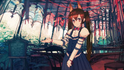 Rule 34 | 1girl, animal ears, banner, bodice, bow, bowtie, brown eyes, brown hair, chair, chalkboard, cowboy shot, fantasy, female focus, hair between eyes, highres, indoors, jean popo, juliet sleeves, long hair, long sleeves, looking at viewer, maid, menu board, necktie, original, plant, pleated skirt, ponytail, puffy sleeves, red bow, red bowtie, reflection, restaurant, sidelocks, sign, skirt, smile, solo, standing, streamers, table, twintails, waitress