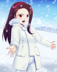 Rule 34 | 10s, 1girl, brown hair, coat, hairband, idolmaster, idolmaster (classic), idolmaster 2, long hair, minase iori, muhi11234, red eyes, snow, snowing, solo, white theme