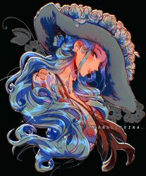Rule 34 | 1girl, black background, blue hair, commentary, english commentary, flower, half updo, hat, highres, large hat, long hair, looking at viewer, nefertari vivi, one piece, profile, rose, shirt, sidelocks, solo, twitter username, vanxllavina