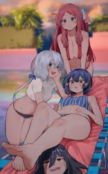 Rule 34 | 4girls, :d, :o, ahoge, arm support, bare arms, bare legs, bare shoulders, barefoot, beach chair, bikini, bikini bottom only, black bikini, black hair, blue bikini, blue bow, blue eyes, blurry, blurry background, blush, bow, breasts, cleavage, closed mouth, depth of field, foreshortening, grey hair, hair between eyes, hair bow, hair ribbon, hand on own stomach, head rest, highres, jitome, kneeling, konno junko, large breasts, leaning forward, long hair, low twintails, lying, medium breasts, medium hair, minamoto sakura, mizuno ai, multiple girls, navel, on back, open mouth, parted bangs, pool, purple hair, reclining, red eyes, ribbon, ryusei hashida, sharp teeth, shirt, short sleeves, small breasts, smile, soles, standing, striped bikini, striped clothes, swimsuit, teeth, toenails, toes, twintails, white shirt, yamada tae, zombie land saga