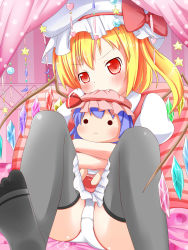 Rule 34 | 1girl, bed, biting, black thighhighs, blonde hair, blue hair, blush, canopy bed, character doll, hugging doll, dress, fang, female focus, flandre scarlet, hat, hat ribbon, head biting, highres, looking at viewer, makuran, mob cap, hugging object, on bed, panties, pillow, red dress, red eyes, remilia scarlet, ribbon, shirt, short hair, side ponytail, sitting, solid circle eyes, solo, spread legs, thighhighs, touhou, underwear, white panties, wings