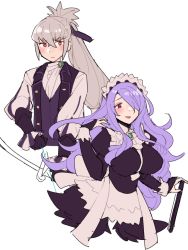 Rule 34 | 1boy, 1girl, adjusting hair, alternate costume, apron, axe, back bow, black dress, black gloves, blush, bow, bow (weapon), breasts, bridal gauntlets, brown eyes, butler, camilla (fire emblem), center frills, closed mouth, cosplay, do m kaeru, dress, enmaided, feather trim, felicia (fire emblem), felicia (fire emblem) (cosplay), fire emblem, fire emblem fates, fire emblem warriors, formal, frills, gloves, grey hair, hair over one eye, hair ribbon, hand in own hair, high ponytail, holding, holding axe, holding bow (weapon), holding weapon, jakob (fire emblem), jakob (fire emblem) (cosplay), juliet sleeves, large breasts, long hair, long sleeves, looking at viewer, maid, maid headdress, nintendo, official alternate costume, one eye covered, open mouth, ponytail, puffy sleeves, purple eyes, purple hair, purple ribbon, ribbon, sidelocks, simple background, suit, takumi (fire emblem), upper body, very long hair, waist apron, wavy mouth, weapon, white apron, white background, white bow, white suit