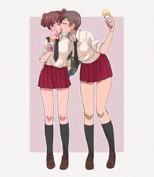 Rule 34 | 10s, 2girls, alisa (girls und panzer), arm around waist, bad id, bad pixiv id, bag, black necktie, black socks, blush, brown eyes, brown footwear, brown hair, carrying, closed eyes, closed mouth, dress shirt, food, freckles, full body, girls und panzer, hair ornament, hao (udon), holding, holding food, ice cream, ice cream cone, kneehighs, licking, licking another&#039;s face, loafers, long sleeves, miniskirt, multiple girls, naomi (girls und panzer), necktie, one eye closed, outside border, pleated skirt, red skirt, school bag, shirt, shoes, short hair, short twintails, skirt, sleeves rolled up, socks, standing, star (symbol), star hair ornament, twintails, very short hair, white shirt
