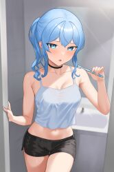 Rule 34 | 1girl, absurdres, bathroom, black choker, black shorts, blue eyes, blue hair, blurry, blurry background, breasts, camisole, choker, collarbone, commentary, diptip, doorway, english commentary, highres, holding, holding toothbrush, hololive, hoshimachi suisei, midriff, navel, parted lips, shorts, side ponytail, sink, small breasts, solo, star (symbol), star in eye, stomach, symbol in eye, toothbrush, virtual youtuber