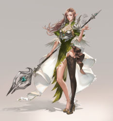 Rule 34 | 1girl, absurdres, armor, bad id, bad twitter id, boobplate, breastplate, brown hair, brown thighhighs, dress, elf, feather trim, flower, frills, green dress, green eyes, high heels, highres, holding, holding polearm, holding spear, holding weapon, long hair, original, parted lips, pauldrons, pointy ears, polearm, red lips, shoulder armor, single thighhigh, sketch, solo, spear, srasa, standing, thighhighs, weapon