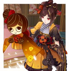 1girl absurdres black_gloves brown_hair chiori_(genshin_impact) cowboy_shot genshin_impact gloves grey_kimono haori highres japanese_clothes kimono open_mouth red_eyes short_hair short_sleeves skirt standing tamoto_(genshin_impact) yellow_skirt yunxiagong