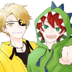 Rule 34 | 2boys, :d, black shirt, blonde hair, clenched hand, collarbone, copyright request, drawstring, eyebrows hidden by hair, eyepatch, fang, green eyes, green hoodie, grin, hair over one eye, hood, hood up, hoodie, jacket, long sleeves, looking at viewer, male focus, maru (memoriatechnica), multiple boys, open clothes, open jacket, open mouth, outstretched arm, red hair, shirt, simple background, smile, upper body, white background, yellow jacket
