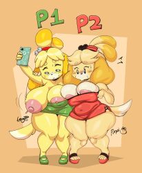 Rule 34 | 2girls, absurdres, animal crossing, animal ears, areola slip, bare shoulders, blonde hair, blush, blush stickers, breasts, bursting breasts, collaboration, covered navel, curvy, dog ears, dress, dual persona, feet, full body, furry, green dress, green footwear, high heels, highres, isabelle (animal crossing), joao pereira, large breasts, multiple girls, nintendo, orange background, parted bangs, plump, purple-yoshi-draws, red dress, red footwear, selfie, short dress, standing, sweat, thick thighs, thighs, toes, two-tone background, wardrobe malfunction, wide hips, yellow background