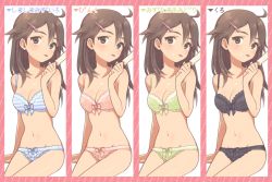 Rule 34 | 00s, 1girl, agata (agatha), agatha210, bad id, bad pixiv id, bow, bow panties, bra, brown hair, costume chart, creatures (company), food, frilled bra, frilled panties, frills, front-tie top, game freak, hair ornament, hairclip, ice cream, leaf (pokemon), long hair, looking at viewer, midriff, multiple views, navel, nintendo, panties, pokemon, pokemon frlg, polka dot, polka dot bra, polka dot panties, striped bra, striped clothes, striped panties, tongue, tongue out, translation request, underwear, underwear only, variations