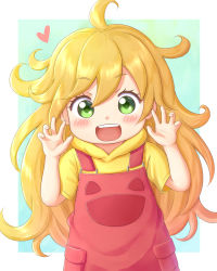 Rule 34 | 10s, 1girl, :d, ahoge, amaama to inazuma, aqua background, blonde hair, blush, child, green eyes, hands up, heart, inuzuka tsumugi, lilium443, long hair, looking at viewer, messy hair, open hands, open mouth, overalls, shirt, short sleeves, simple background, smile, solo, yellow shirt