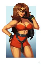 Rule 34 | 1girl, absurdres, athletic, athletic female, blaze fielding, breasts, brown eyes, brown hair, cleavage, curvy, earrings, highres, jewelry, large breasts, lipstick, long hair, makeup, mole, mole under mouth, molly skyfire, sega, solo, streets of rage, streets of rage 4, thick thighs, thighs, toned, toned female, wide hips