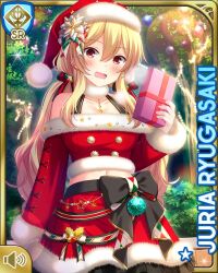Rule 34 | 1girl, black bow, black thighhighs, blonde hair, bow, card (medium), character name, christmas, embarrassed, girlfriend (kari), long sleeves, midriff, navel, night, official art, open mouth, outdoors, qp:flapper, red eyes, red headwear, red shirt, red skirt, ryugasaki juria, shirt, skirt, sleeves past wrists, standing, tagme, thighhighs