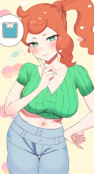 Rule 34 | 1girl, bad id, bad pixiv id, blush, breasts, buttons, collarbone, commentary request, cowboy shot, creatures (company), game freak, green eyes, green nails, green shirt, hair ornament, hand on own hip, hand up, heart, heart hair ornament, index finger raised, large breasts, long hair, nail polish, navel, nintendo, okuro zmzm, orange hair, pants, pokemon, pokemon swsh, ribbed shirt, shirt, side ponytail, solo, sonia (pokemon), sweatdrop, thought bubble, v-neck, yellow background