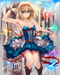 Rule 34 | 1girl, alice margatroid, alternate costume, bare shoulders, blonde hair, blue dress, blue eyes, boots, dress, hairband, highres, image sample, looking at viewer, md5 mismatch, moruchi (rinaka moruchi), resized, ribbon, short hair, sketch, solo, strapless, strapless dress, string, touhou, wrist cuffs