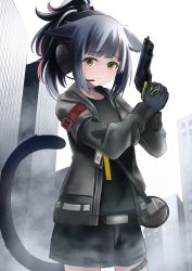 Rule 34 | 1girl, animal ears, arknights, bag, belt, black belt, black gloves, black hair, black shirt, black shorts, blunt bangs, blush, building, cat ears, cat tail, choker, commentary request, cowboy shot, drawstring, ear protection, finger on trigger, fog, furrowed brow, gloves, green eyes, grey jacket, gun, handgun, high ponytail, highres, holding, holding gun, holding weapon, hood, hooded jacket, id card, jacket, jessica (arknights), light frown, long sleeves, looking at viewer, manjirou (manji illust), multicolored hair, open clothes, open jacket, pistol, ponytail, red hair, shirt, shorts, shoulder bag, sidelocks, sky, skyscraper, solo, standing, streaked hair, tail, tail raised, thigh strap, weapon, white sky
