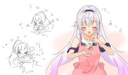 Rule 34 | &gt; &lt;, .live, 1girl, apron, blush, carro pino, chibi, collarbone, cooking, closed eyes, food, headband, long hair, open mouth, purple hair, rascala39, religious offering, solo, spoon, virtual youtuber, white background