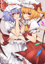 Rule 34 | 2girls, absurdres, ascot, bat wings, blonde hair, blue hair, bow, commentary, cowboy shot, crystal, dress, english commentary, eyes visible through hair, flandre scarlet, frilled shirt collar, frills, hair between eyes, hand up, hat, hat bow, hat ribbon, highres, looking at viewer, mob cap, multiple girls, one side up, puffy short sleeves, puffy sleeves, rayrie, red bow, red dress, red eyes, red ribbon, red skirt, remilia scarlet, ribbon, short hair, short sleeves, siblings, sidelocks, simple background, sisters, skirt, standing, tongue, tongue out, touhou, white headwear, wings, wrist cuffs, yellow ascot