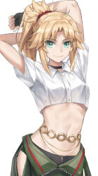 Rule 34 | 1girl, arms up, belly chain, black gloves, blonde hair, braid, breasts, choker, collared shirt, crop top, fate/apocrypha, fate (series), fingerless gloves, french braid, gloves, green eyes, green pants, hair ornament, hair scrunchie, highres, jewelry, long hair, looking at viewer, midriff, mordred (fate), mordred (fate/apocrypha), navel, pants, parted bangs, ponytail, red scrunchie, scrunchie, shirt, short sleeves, sidelocks, simple background, small breasts, smile, solo, tonee, white shirt