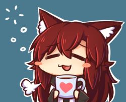 Rule 34 | 1girl, puff of air, = =, animal ear fluff, animal ears, blue background, blush stickers, brown hair, chibi, cup, closed eyes, holding, holding cup, imaizumi kagerou, long hair, lowres, mug, open mouth, simple background, solo, touhou, wolf ears, wool (miwol)