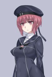 Rule 34 | 10s, 1girl, alternate breast size, beret, breasts, brown eyes, brown hair, clothes writing, covered erect nipples, dress, hat, highres, kantai collection, kriegsmarine, looking at viewer, military, military uniform, mizuumi (bb), sailor collar, sailor dress, sailor hat, short hair, simple background, solo, uniform, z3 max schultz (kancolle)