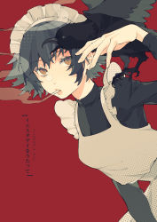Rule 34 | 1girl, absurdres, bird, black hair, brown eyes, cigarette, crow, highres, leaning forward, long sleeves, maid headdress, mouth hold, nonaka haru, red background, short hair, simple background, smoking, solo, waitress, yesterday wo utatte, zwei (chugokujin)