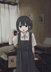 Rule 34 | 1girl, arm support, black eyes, black hair, blood, blood stain, blunt bangs, bow, box, cardboard box, collared shirt, colored inner hair, curtains, dress, feet out of frame, grey dress, hair bow, highres, holding, holding photo, indoors, light blush, looking at viewer, multicolored hair, neck ribbon, one side up, open mouth, original, pen in pocket, photo (object), picture frame, pinafore dress, printer, red bow, red ribbon, ribbon, scissors, shirt, short hair, short sleeves, sitting, sitting on table, sleeveless, sleeveless dress, smile, solo, toyono saki