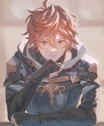 1boy ahoge arm_on_table armor breastplate brown_hair fingerless_gloves gloves granblue_fantasy hood hood_down looking_at_viewer male_focus messy_hair sandalphon_(granblue_fantasy) smile solo sua_lucid