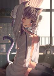 Rule 34 | 1girl, ;d, absurdres, ahoge, animal ear fluff, animal ears, arms behind head, arms up, bedroom, black panties, black thighhighs, blush, breasts, cat ears, cat girl, cat tail, cleavage, diagonal bangs, dress shirt, fang, hair between eyes, highres, hololive, inaba teitoku, large breasts, looking at viewer, messy hair, navel, nekomata okayu, nekomata okayu (oversized shirt), one eye closed, open clothes, open mouth, open shirt, panties, purple eyes, purple hair, shirt, short hair, skin fang, smile, solo, sunlight, tail, thighhighs, underwear, virtual youtuber, white shirt, window