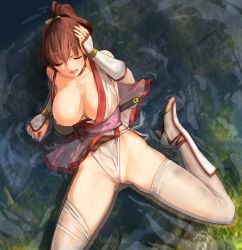 Rule 34 | 1girl, arm support, breast slip, breasts, brown hair, cameltoe, dead or alive, defeat, closed eyes, from above, hand on own head, high heels, hiuji, holding head, kasumi (doa), large breasts, legs, long legs, lying, ninja, nipple slip, nipples, on back, one breast out, orange hair, partially submerged, partially visible vulva, pelvic curtain, ponytail, shoes, solo, sword, tecmo, thighhighs, thighs, uncensored, wardrobe malfunction, water, weapon, wet, wet clothes, white thighhighs