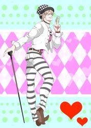 Rule 34 | caesar anthonio zeppeli, cane, card, facial mark, hat, holding, holding card, jojo no kimyou na bouken, layered clothes, male focus, oururi33, pants, solo, striped clothes, striped pants, top hat