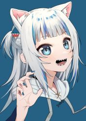Rule 34 | 1girl, :d, animal ear fluff, animal ears, blue background, blue eyes, blue hair, blue nails, blush, cat ears, commentary request, drawstring, gawr gura, hair ornament, hand up, hololive, hololive english, hood, hood down, kemonomimi mode, long hair, long sleeves, looking at viewer, multicolored hair, nail polish, open mouth, sharp teeth, sidelocks, silver hair, simple background, smile, solo, streaked hair, syhan, teeth, two side up, virtual youtuber, wide sleeves