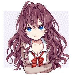 Rule 34 | 1girl, :3, ahoge, blue eyes, blush, bow, bowtie, breasts, brown hair, cleavage, collarbone, commentary request, crossed arms, earrings, highres, ichinose shiki, idolmaster, idolmaster cinderella girls, jewelry, lips, long hair, looking at viewer, medium breasts, plaid, plaid bow, plaid bowtie, plaid neckwear, school uniform, smile, solo, upper body, wavy hair, yui (spica)