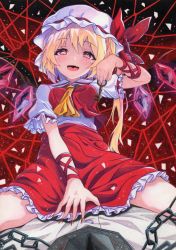 Rule 34 | 1girl, ascot, blonde hair, chain, commentary request, fang, fingernails, flandre scarlet, hat, hat ribbon, heart, heart-shaped pupils, highres, holding, key, kittona, long fingernails, long hair, looking at viewer, mob cap, nail polish, open mouth, puffy short sleeves, puffy sleeves, red background, red eyes, red nails, red skirt, red vest, ribbon, sharp fingernails, shirt, short sleeves, side ponytail, sitting, skirt, smile, solo, symbol-shaped pupils, touhou, traditional media, vest, white hat, white shirt, wings, yellow ascot