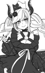 Rule 34 | 1girl, blush, braid, breasts, cleavage, crown, detached sleeves, dress, eyelashes, fingerless gloves, flower, gloves, greyscale, hair flower, hair ornament, higaragi, highres, horns, large breasts, long hair, looking at viewer, master detective archives: rain code, monochrome, nail polish, shinigami (rain code), simple background, smile, solo, twin braids, white background