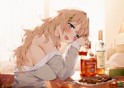 Rule 34 | 1girl, alcohol, bed, bedroom, blew andwhite, blonde hair, blue eyes, blush, breast rest, breasts, candy, chocolate, christina bacchus, commentary request, cup, curly hair, elbows on table, food, hair ornament, hairclip, highres, holding, holding cup, kilchoman (whisky), large breasts, long hair, looking at viewer, macallan 12 (whisky), messy hair, open clothes, open mouth, original, own hands together, sideboob, signature, smile, solo, sunlight, upper body, valentine, whiskey, window