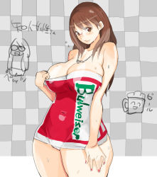 Rule 34 | 1girl, bare shoulders, blush, breasts, brown hair, budweiser, chibi, chibi inset, cleavage, glasses, hip focus, huge breasts, jewelry, necklace, plump, product placement, solo, sweat, takayama toshinori, thick thighs, thighs, wide hips