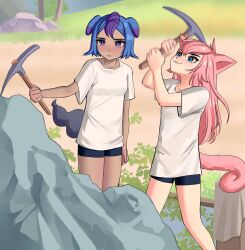 Rule 34 | 2girls, animal ears, blue eyes, blue hair, cattiva, depresso, green eyes, humanization, multiple girls, palworld, pawsup, personification, pickaxe, pink hair, shirt, shorts, t-shirt, tail