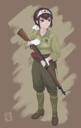 Rule 34 | 1girl, bayonet, blue eyes, brown hair, commentary request, full body, gloves, gun, headband, highres, holding, holding gun, holding weapon, imperial japanese army, military, original, pouch, rifle, short hair, sino (mechanized gallery), solo, translated, arisaka, weapon