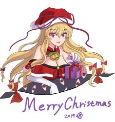 Rule 34 | 1girl, 2019, alternate costume, alternate headwear, bare shoulders, bell, blonde hair, bow, breasts, christmas, cleavage, commentary request, detached collar, dress, elbow gloves, floating hair, gap (touhou), gift, gloves, hair bow, hat, highres, jingle bell, large breasts, merry christmas, namiki (remiter00), off-shoulder dress, off shoulder, purple eyes, red dress, red eyes, red headwear, red neckwear, red ribbon, ribbon, santa hat, sidelighting, simple background, smile, strapless, strapless dress, touhou, white background, white gloves, yakumo yukari
