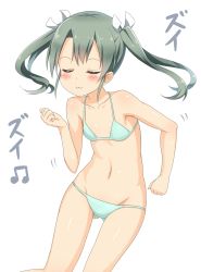 Rule 34 | 10s, 1girl, :3, :d, aqua bikini, bare legs, bare shoulders, beamed quavers, bikini, blush, breasts, collarbone, cowboy shot, dancing, closed eyes, grey hair, hair ribbon, highres, kantai collection, musical note, navel, nedia (nedia region), open mouth, ribbon, simple background, small breasts, smile, solo, swimsuit, twintails, white background, zui zui dance, zuikaku (kancolle)