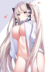Rule 34 | 1girl, absurdres, azur lane, black ribbon, bottomless, breasts, formidable (azur lane), from below, hair ribbon, heart, highres, large breasts, lin (user uzmw2535), looking at viewer, naked shirt, no panties, open clothes, open shirt, platinum blonde hair, red eyes, ribbon, shirt, simple background, solo, twintails, white shirt